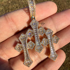Triple Cross Baguette 14k Gold Plated Iced CZ Pendant + Free Steel Rope Chain