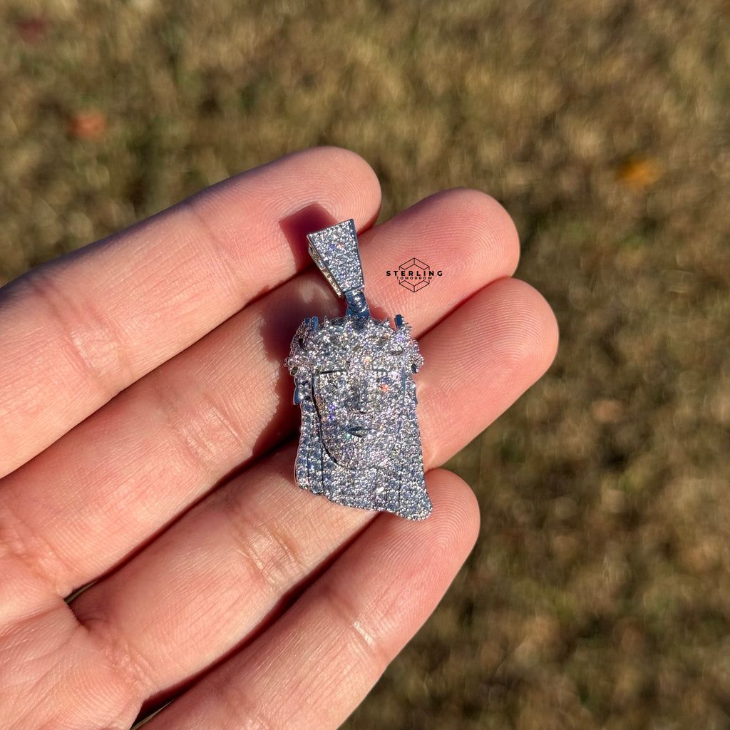 Small Jesus Head 14k White Gold Plated Iced CZ Pendant + Free Steel Rope Chain