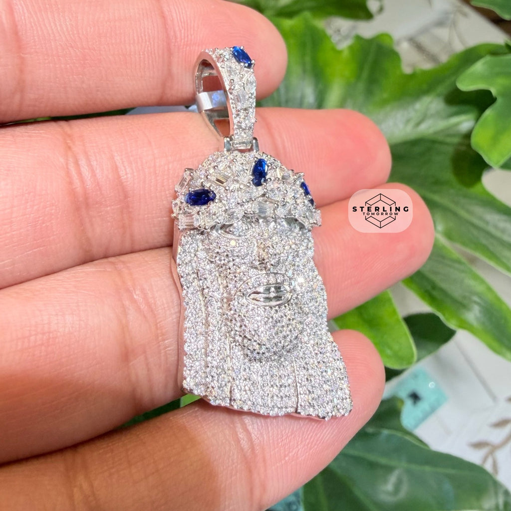 Moissanite Jesus Blue Crown 1.5" Pendant