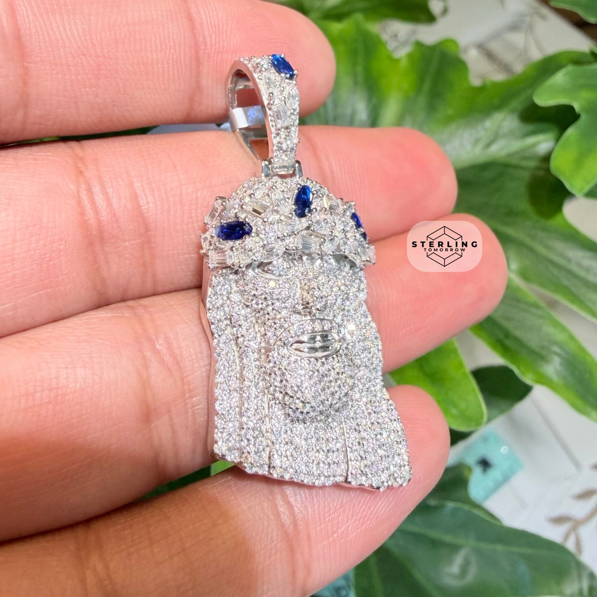 Moissanite Jesus Blue Crown 1.5" Pendant