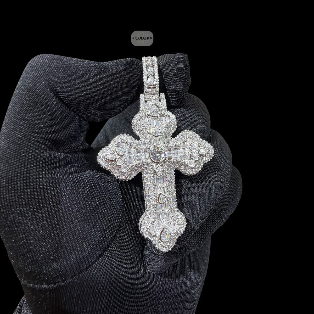 Moissanite Pear Baguette Cross Pendant, 925 Silver Iced Out Hip Hop Necklace