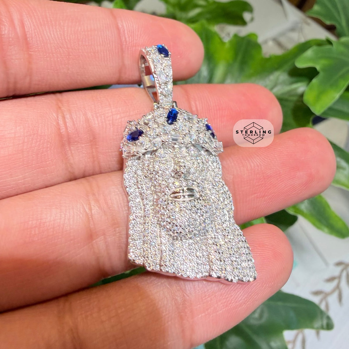 Moissanite Jesus Blue Crown 1.5" Pendant
