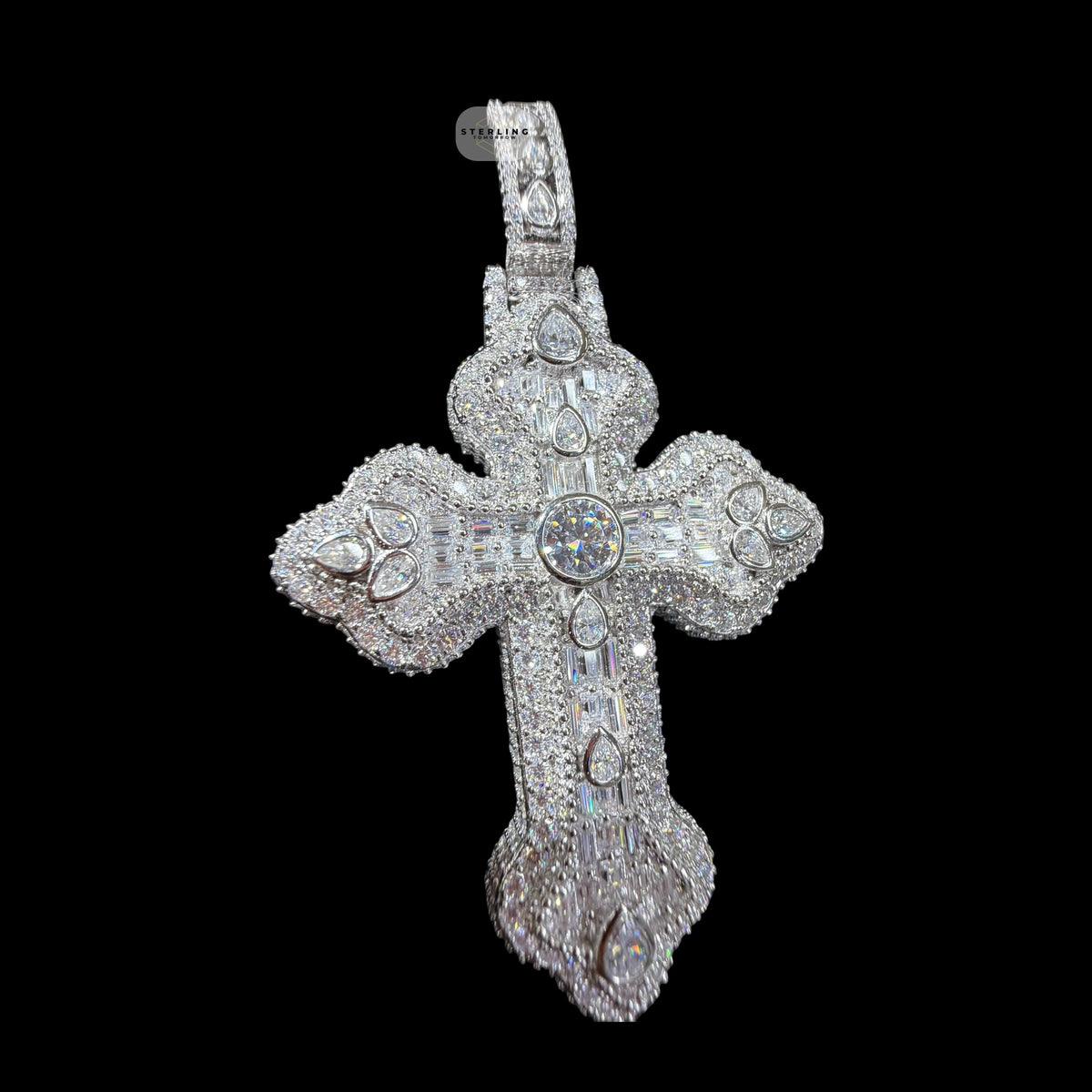 Moissanite Pear Baguette Cross Pendant, 925 Silver Iced Out Hip Hop Necklace