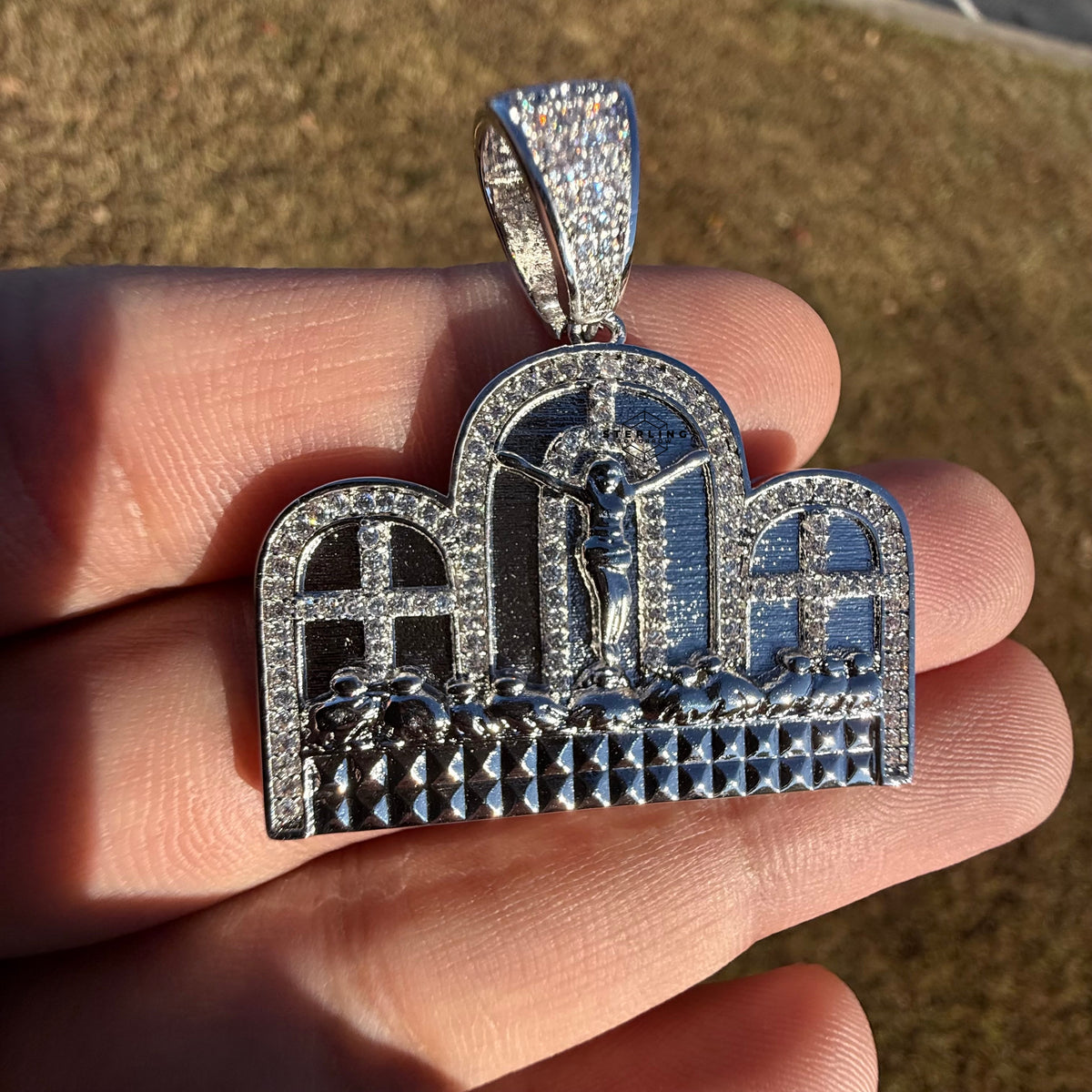 Last Supper 14k White Gold Plated Iced CZ Pendant + Free Steel Rope Chain