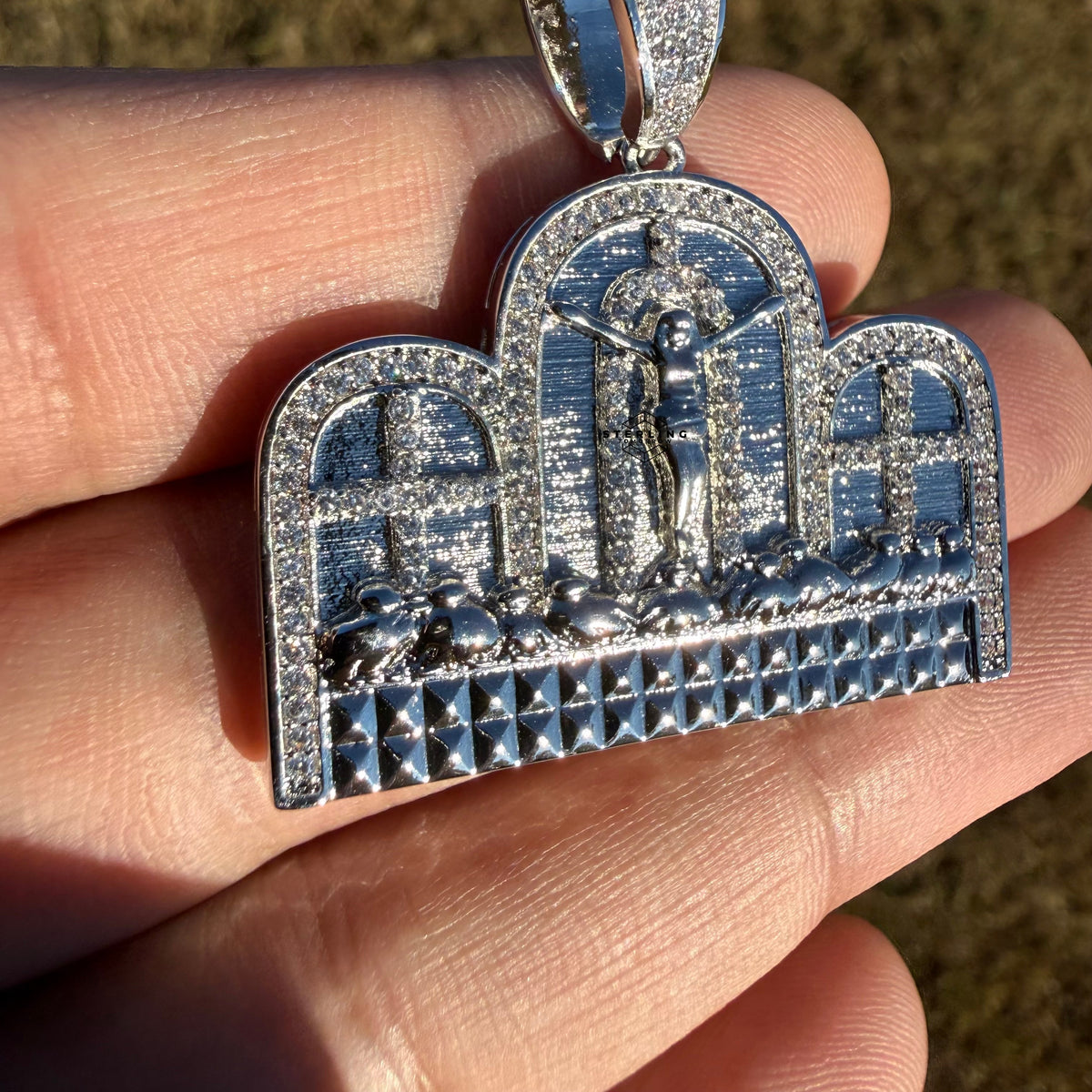 Last Supper 14k White Gold Plated Iced CZ Pendant + Free Steel Rope Chain