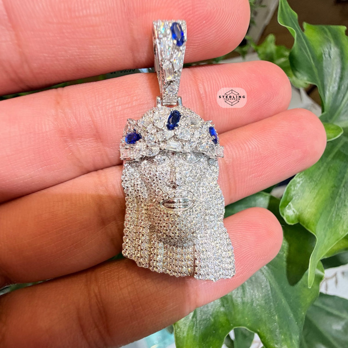 Moissanite Jesus Blue Crown 1.5" Pendant