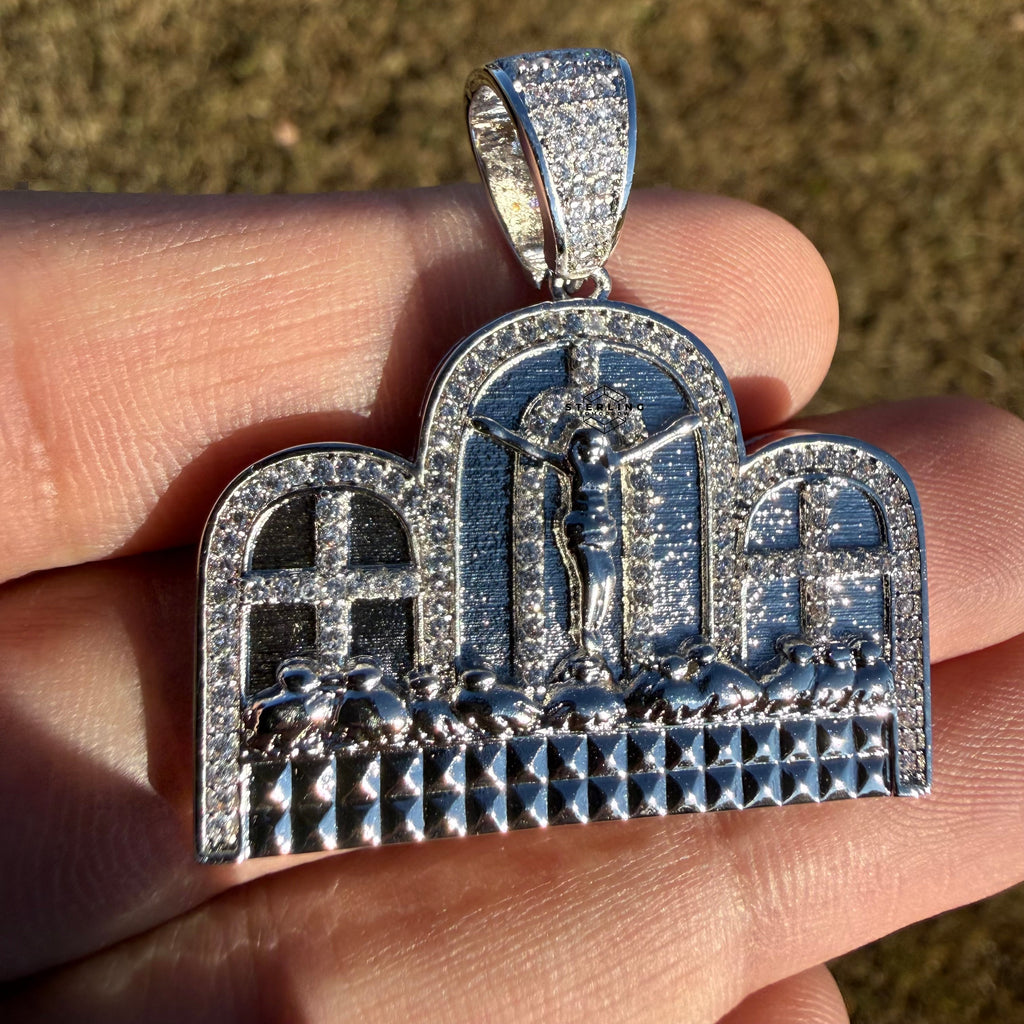 Last Supper 14k White Gold Plated Iced CZ Pendant + Free Steel Rope Chain