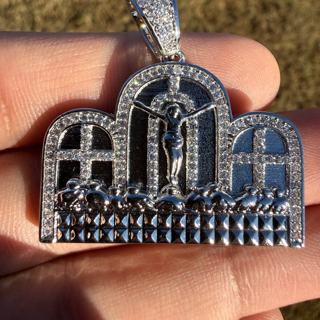 Last Supper 14k White Gold Plated Iced CZ Pendant + Free Steel Rope Chain