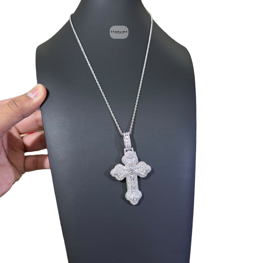 Moissanite Pear Baguette Cross Pendant, 925 Silver Iced Out Hip Hop Necklace