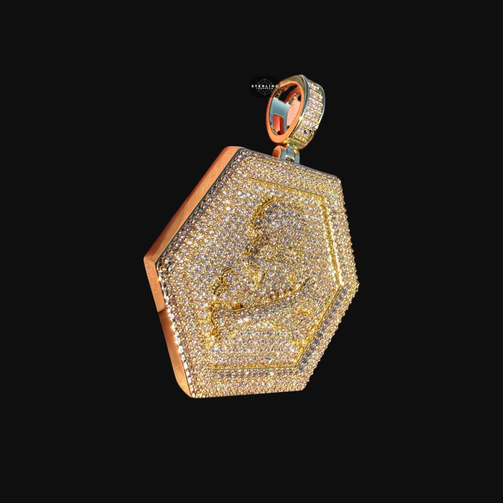 Iced Out Skull & Crossbones Pendant | 14K Gold Plated Pirate Skull CZ Hexagon Medallion Necklace with Free Rope Chain