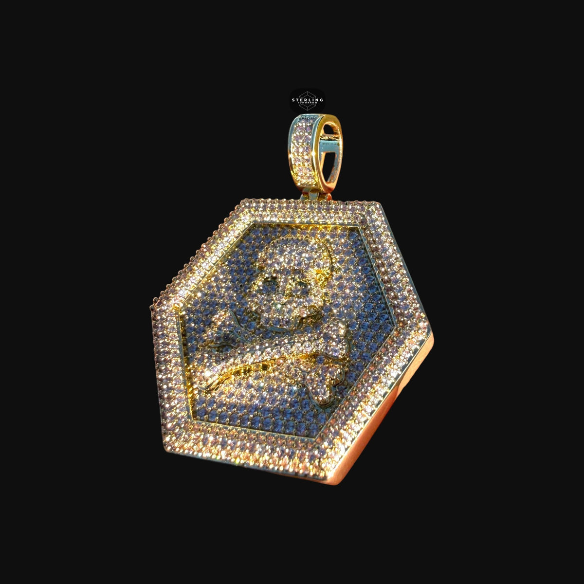 Iced Out Skull & Crossbones Pendant | 14K Gold Plated Pirate Skull CZ Hexagon Medallion Necklace with Free Rope Chain
