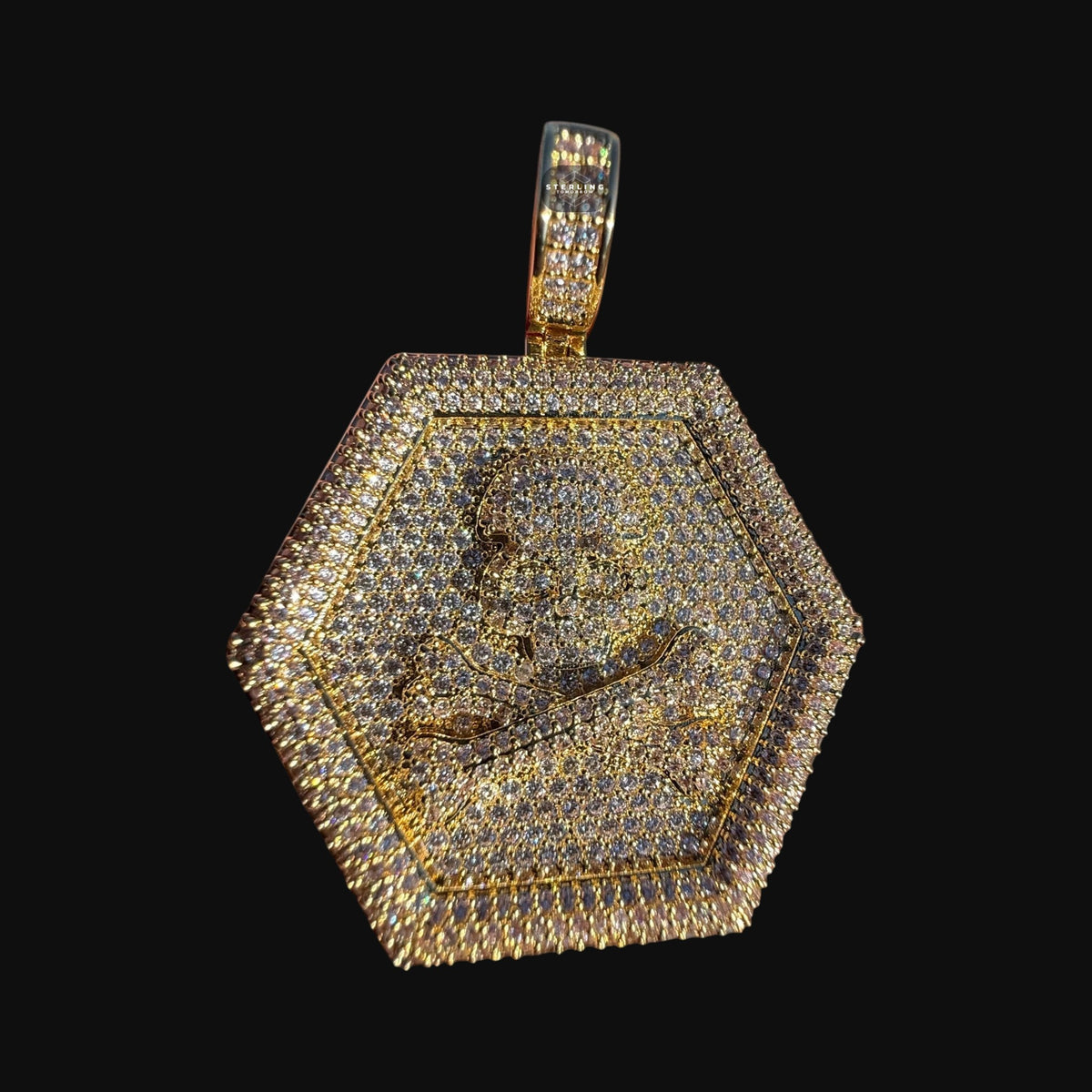 Iced Out Skull & Crossbones Pendant | 14K Gold Plated Pirate Skull CZ Hexagon Medallion Necklace with Free Rope Chain