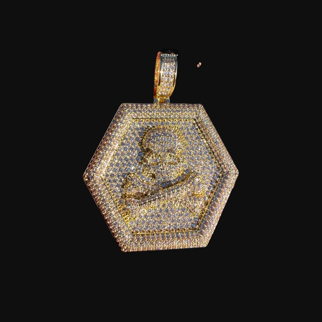 Iced Out Skull & Crossbones Pendant | 14K Gold Plated Pirate Skull CZ Hexagon Medallion Necklace with Free Rope Chain