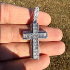 3D Cross 14k White Gold Plated Iced CZ Pendant + Steel Rope Chain