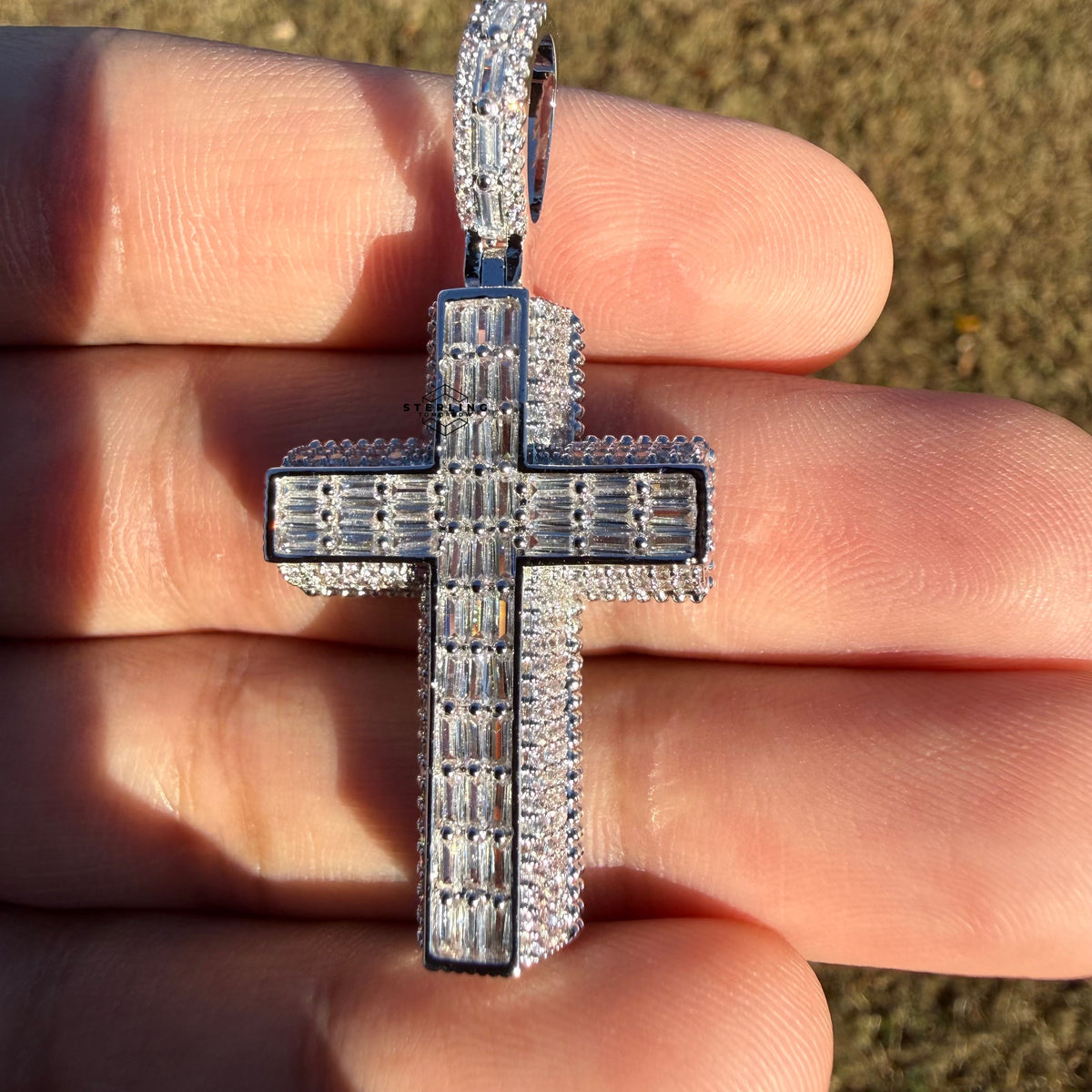 3D Cross 14k White Gold Plated Iced CZ Pendant + Steel Rope Chain
