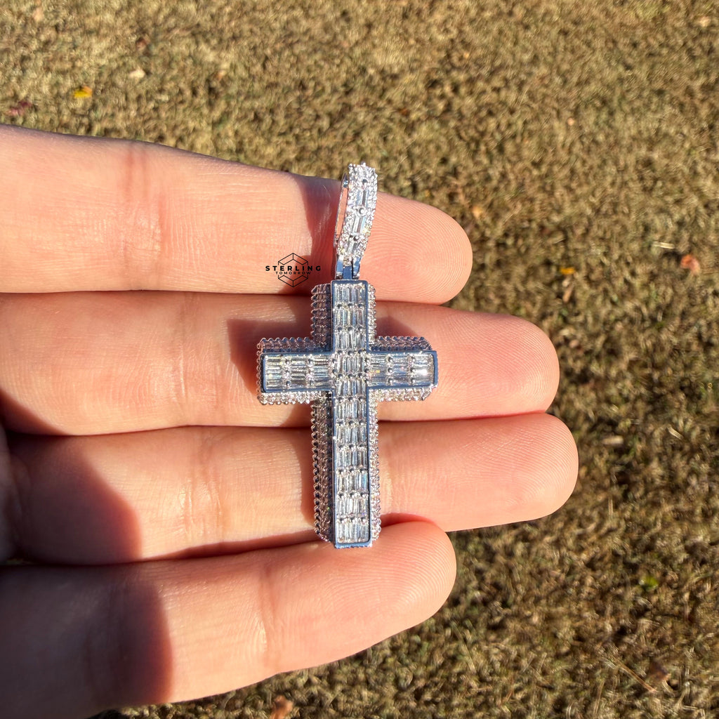 3D Cross 14k White Gold Plated Iced CZ Pendant + Steel Rope Chain