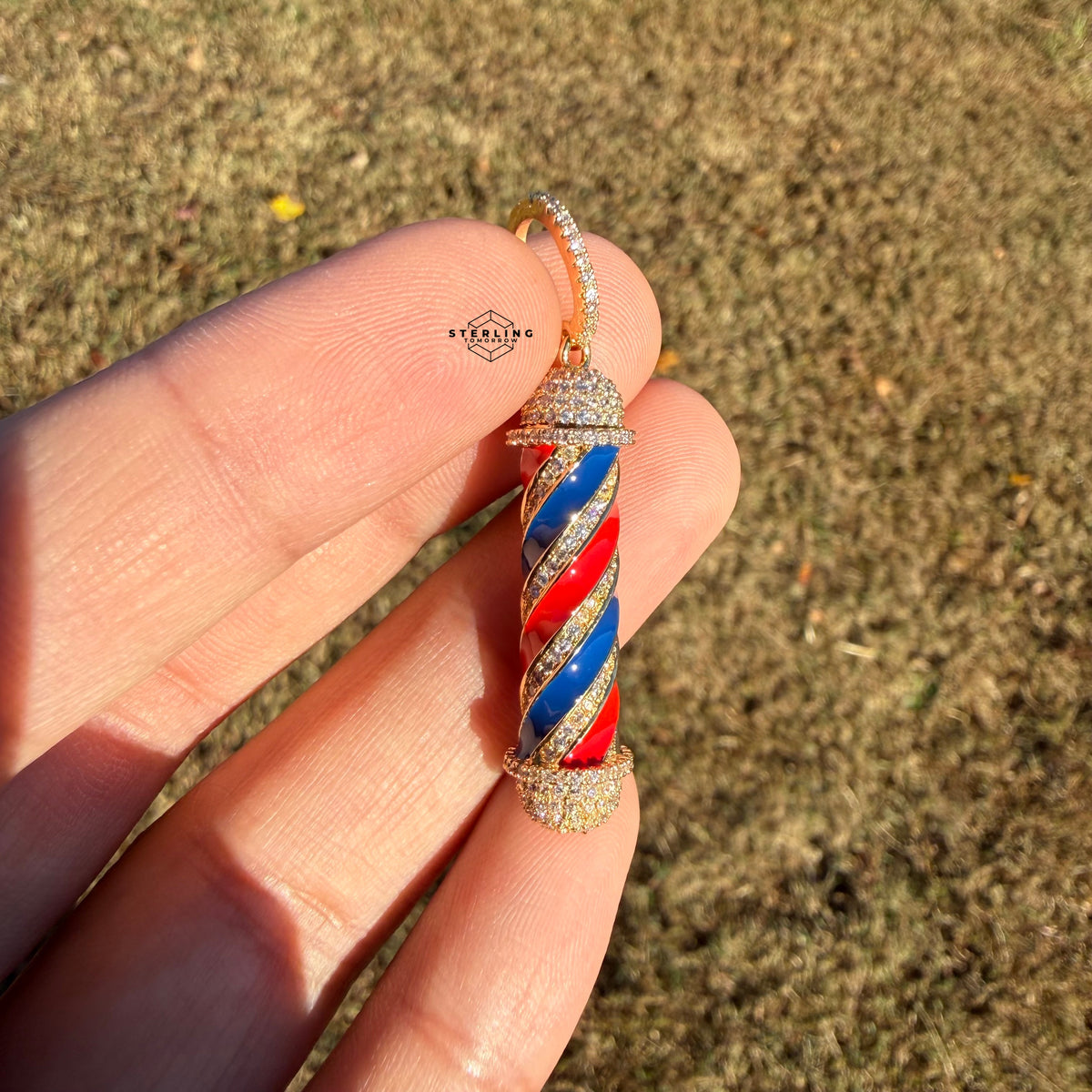 Barber Pole 14k Gold Plated Iced CZ Pendant + Steel Rope Chain