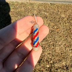 Barber Pole 14k Gold Plated Iced CZ Pendant + Steel Rope Chain