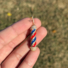 Barber Pole 14k Gold Plated Iced CZ Pendant + Steel Rope Chain