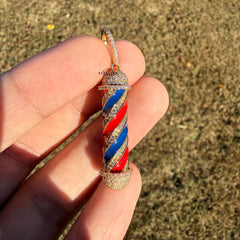 Barber Pole 14k Gold Plated Iced CZ Pendant + Steel Rope Chain