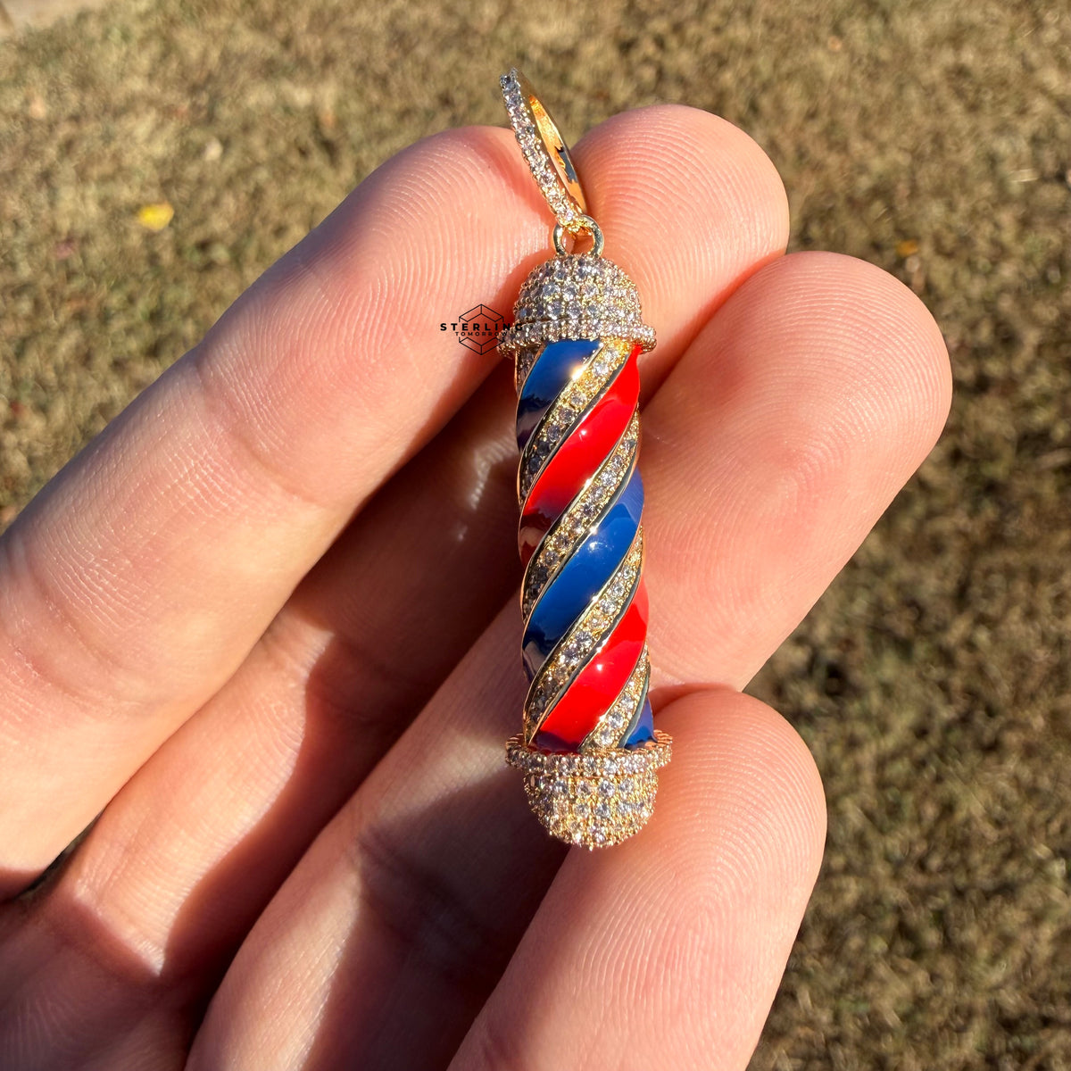 Barber Pole 14k Gold Plated Iced CZ Pendant + Steel Rope Chain