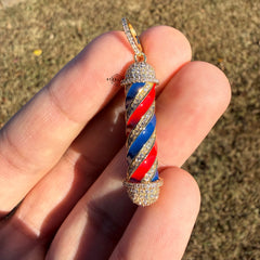 Barber Pole 14k Gold Plated Iced CZ Pendant + Steel Rope Chain