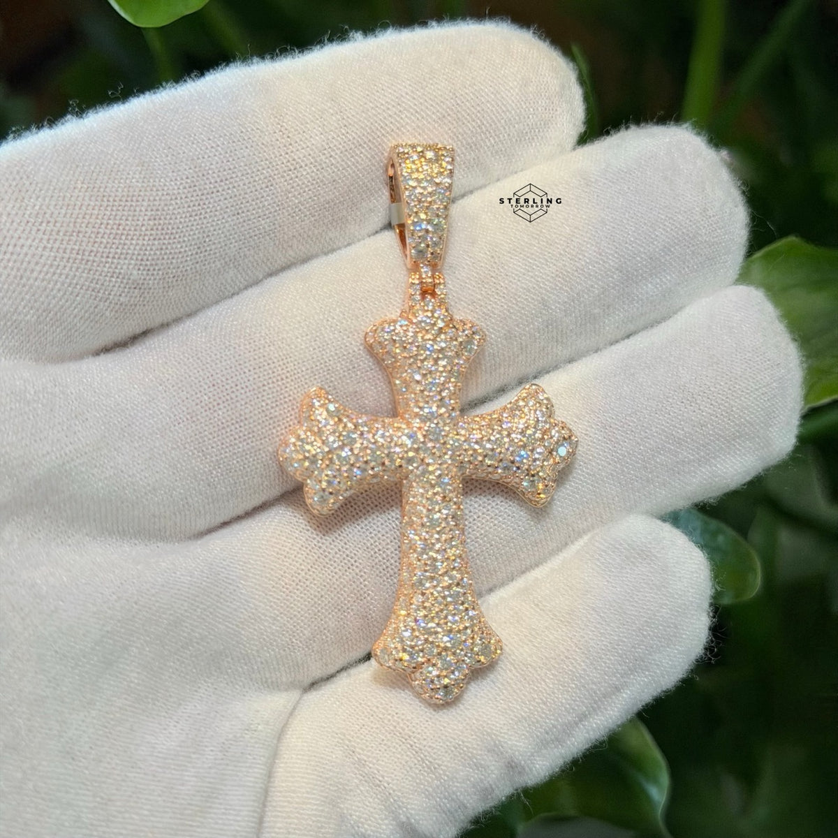 Moissanite Rose Mosaic Set Cross Pendant