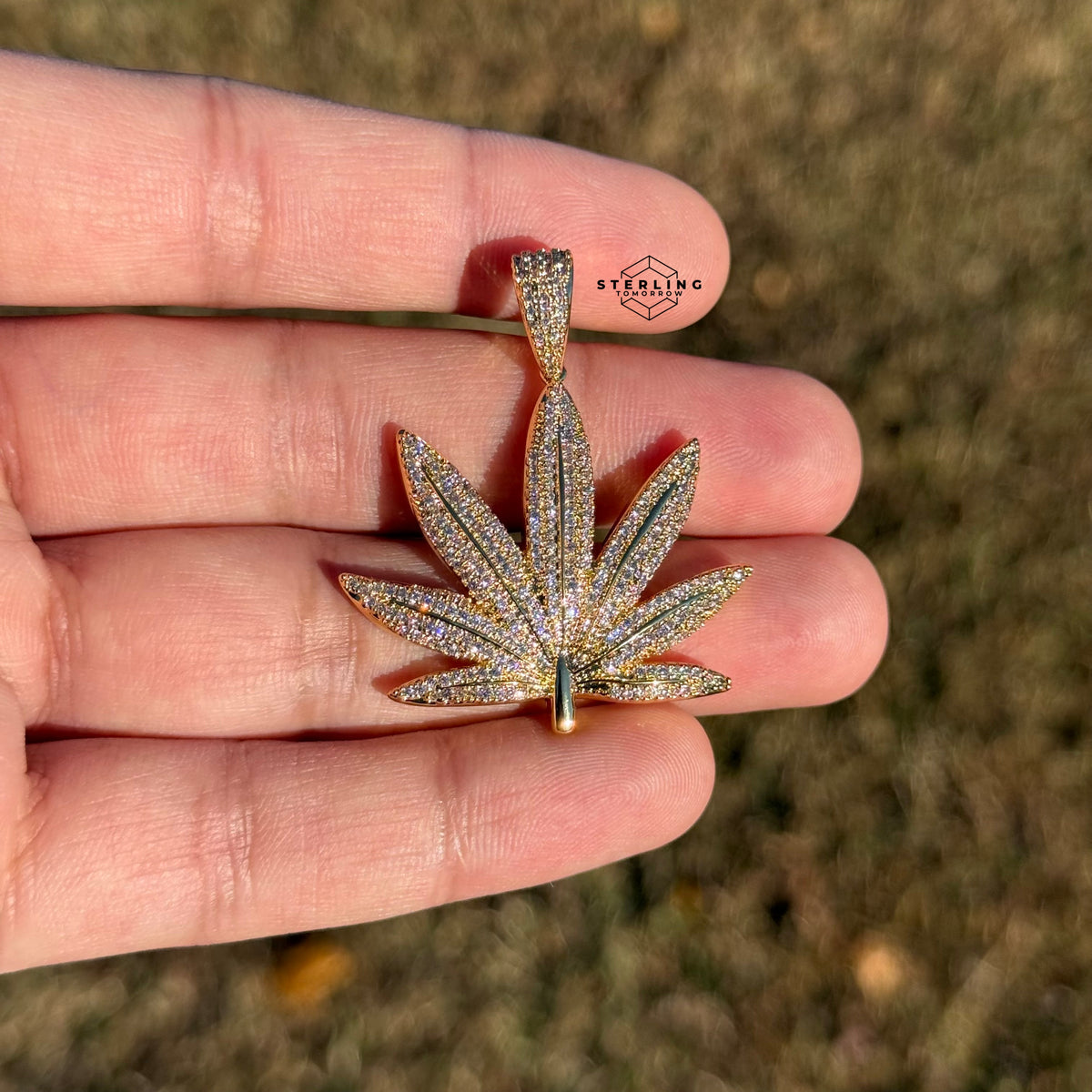 420 Iced Leaf Pendant 14k Gold Plated + Steel Rope Chain