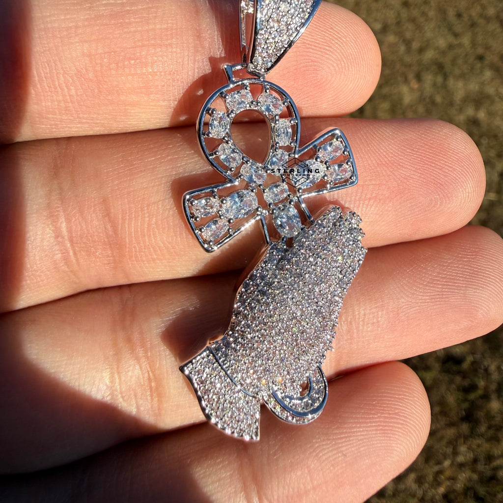 Iced Out Praying Hands Ankh Pendant, 14K White Gold Plated CZ Diamond Religious Hip Hop Necklace with Rope Chain
