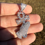 Iced Out Praying Hands Ankh Pendant, 14K White Gold Plated CZ Diamond Religious Hip Hop Necklace with Rope Chain