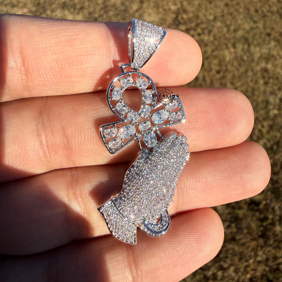 Iced Out Praying Hands Ankh Pendant, 14K White Gold Plated CZ Diamond Religious Hip Hop Necklace with Rope Chain