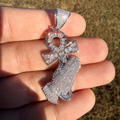 Prayer Hands Ankh Iced Pendant 14k White Gold Plated + Steel Rope Chain