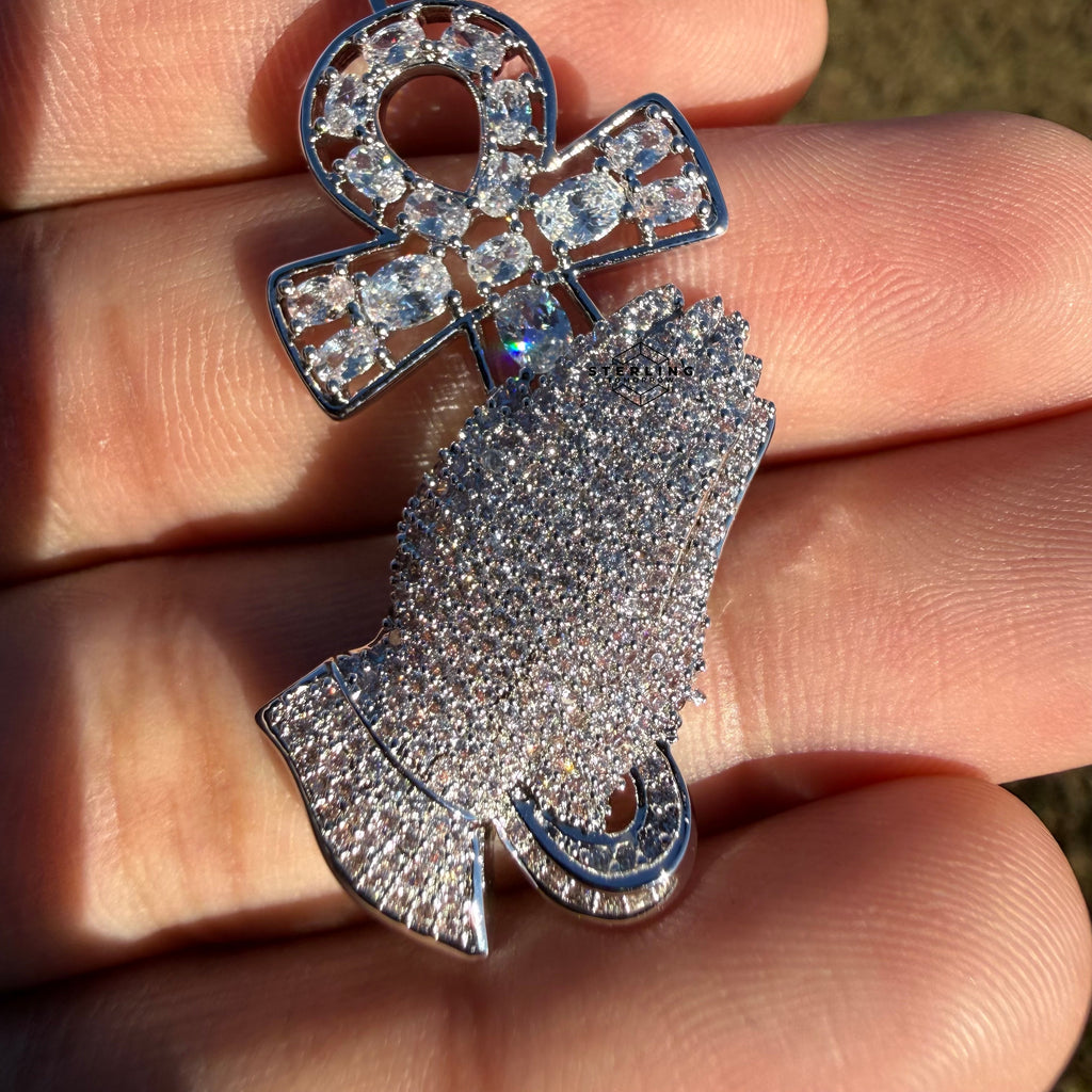 Iced Out Praying Hands Ankh Pendant, 14K White Gold Plated CZ Diamond Religious Hip Hop Necklace with Rope Chain