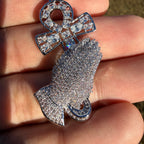 Iced Out Praying Hands Ankh Pendant, 14K White Gold Plated CZ Diamond Religious Hip Hop Necklace with Rope Chain