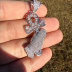 Iced Out Praying Hands Ankh Pendant, 14K White Gold Plated CZ Diamond Religious Hip Hop Necklace with Rope Chain