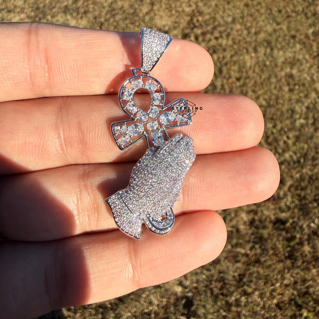 Iced Out Praying Hands Ankh Pendant, 14K White Gold Plated CZ Diamond Religious Hip Hop Necklace with Rope Chain