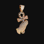 14K Gold Iced Out Praying Hands Ankh Pendant | CZ Diamond Hip Hop Religious Necklace with Free Chain