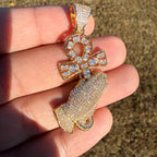 14K Gold Iced Out Praying Hands Ankh Pendant | CZ Diamond Hip Hop Religious Necklace with Free Chain