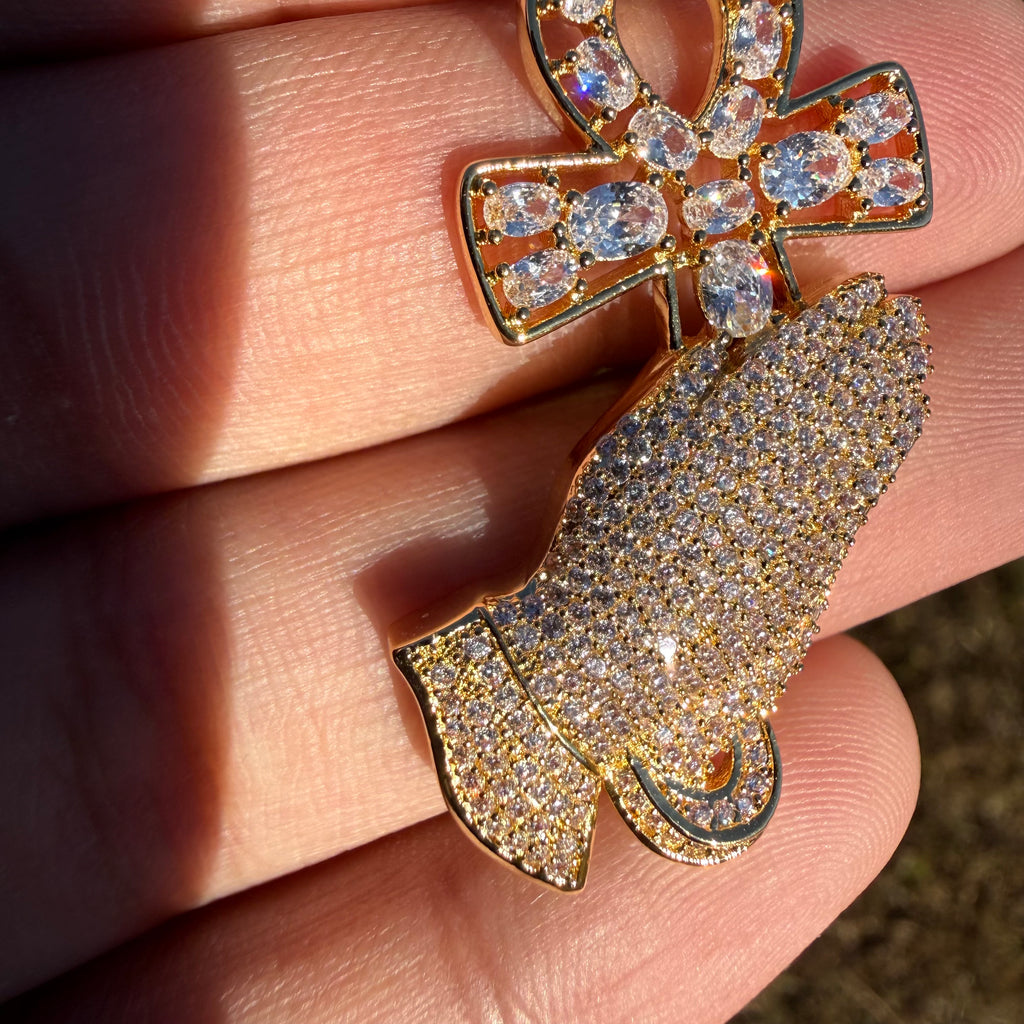 14K Gold Iced Out Praying Hands Ankh Pendant | CZ Diamond Hip Hop Religious Necklace with Free Chain