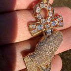 14K Gold Iced Out Praying Hands Ankh Pendant | CZ Diamond Hip Hop Religious Necklace with Free Chain