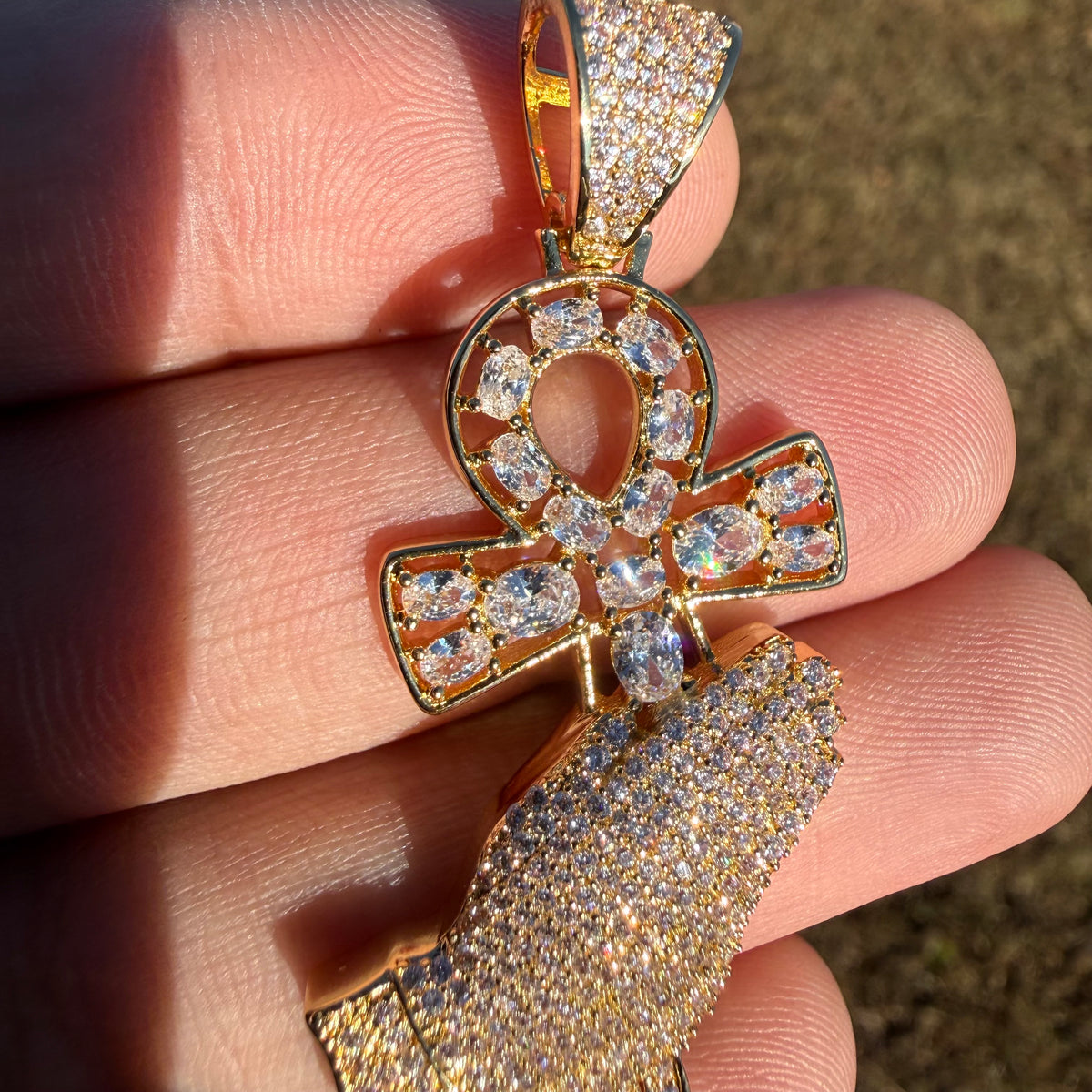 14K Gold Iced Out Praying Hands Ankh Pendant | CZ Diamond Hip Hop Religious Necklace with Free Chain