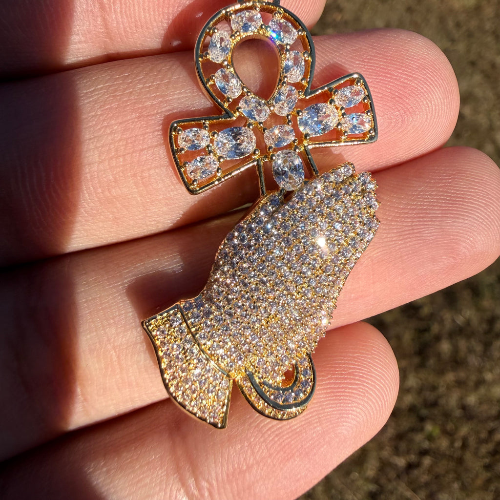 14K Gold Iced Out Praying Hands Ankh Pendant | CZ Diamond Hip Hop Religious Necklace with Free Chain