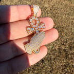14K Gold Iced Out Praying Hands Ankh Pendant | CZ Diamond Hip Hop Religious Necklace with Free Chain