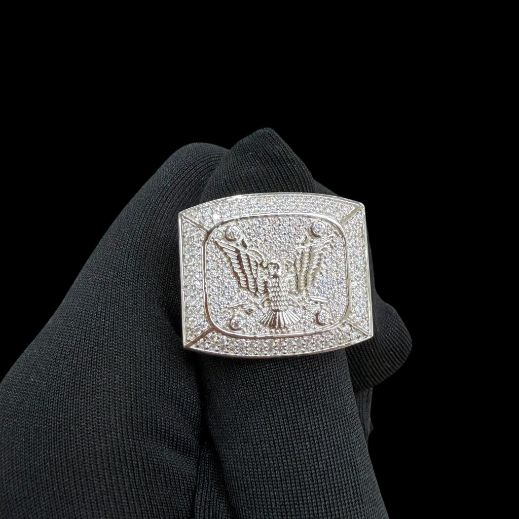 Moissanite Eagle Signet Ring, 925 Silver Iced Out Mens Hip Hop Ring, GRA Certified Eagle Crest Jewelry