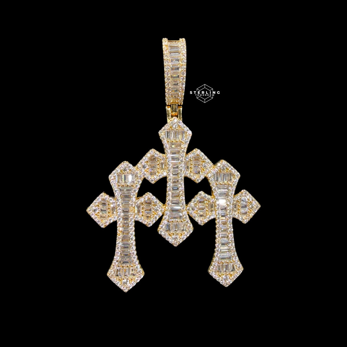 Baguette Triple Cross Pendant 14k Gold Finish