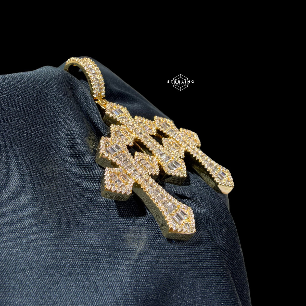 Baguette Triple Cross Pendant 14k Gold Finish