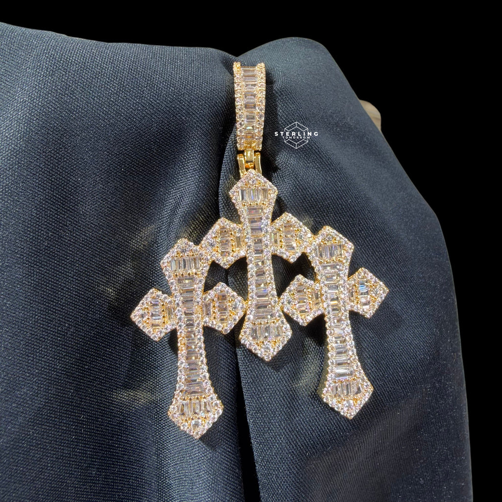 Baguette Triple Cross Pendant 14k Gold Finish