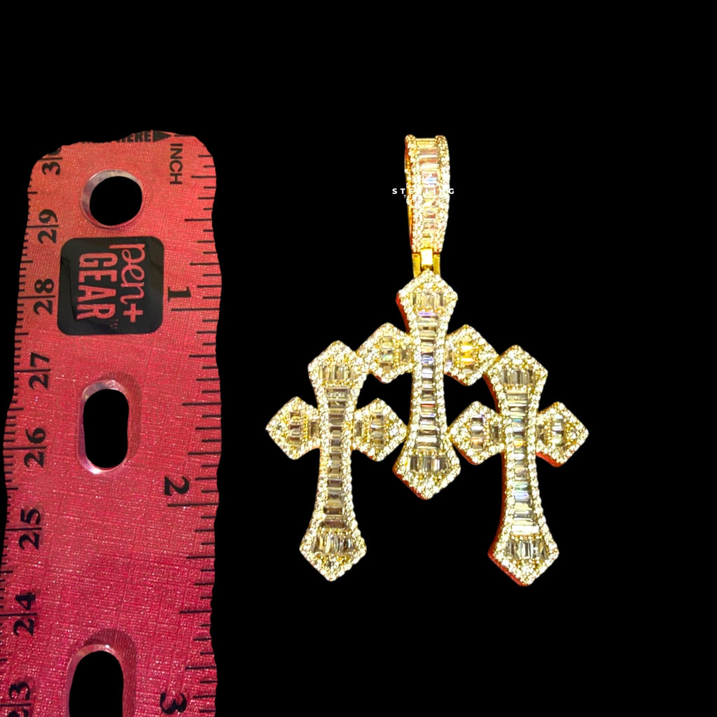 Baguette Triple Cross Pendant 14k Gold Finish