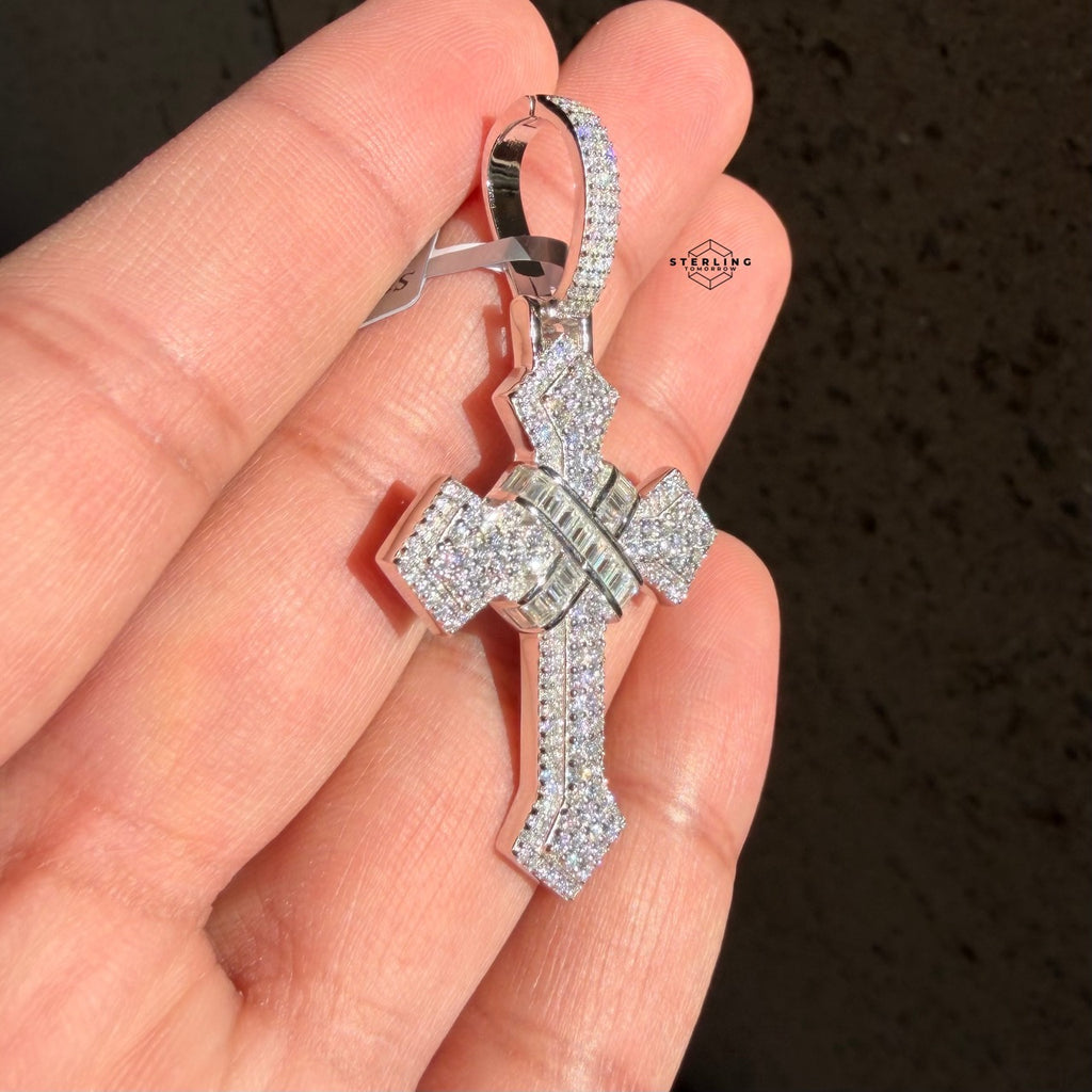Moissanite Cross Pendant 925 Sterling Silver, Iced Out Baguette Cross Necklace, Hip Hop Jewelry Gift for Men w Rope Chain
