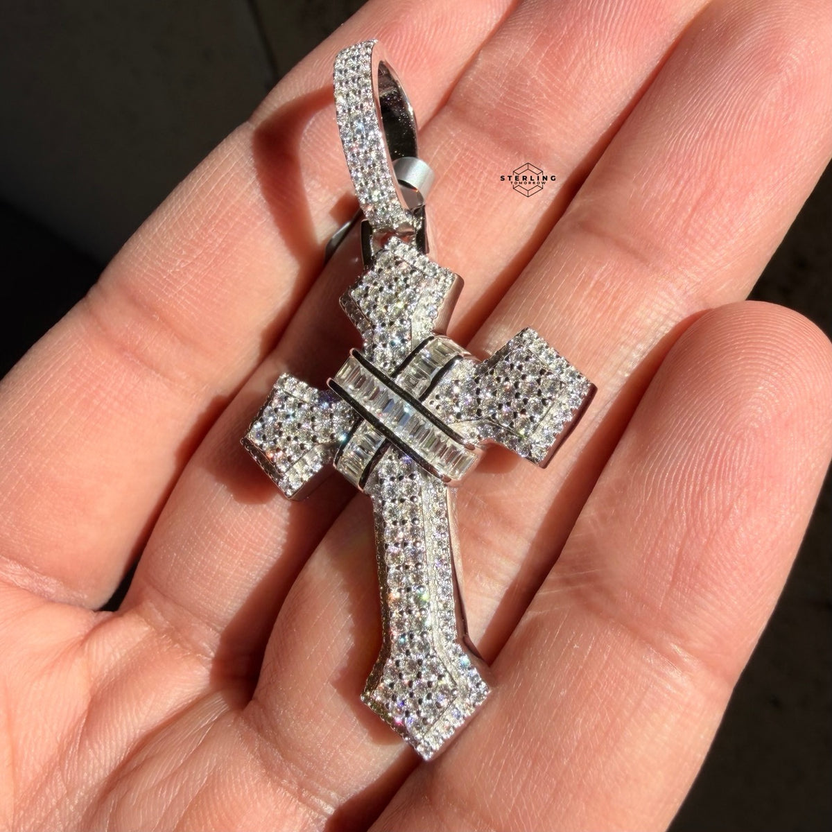 Moissanite Cross Pendant 925 Sterling Silver, Iced Out Baguette Cross Necklace, Hip Hop Jewelry Gift for Men w Rope Chain